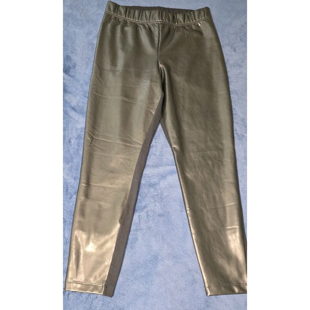 Black Faux Leather Front Knit Back Leggings Elastic Waist Pants Mens Womens